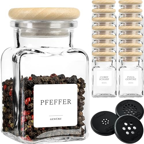 GIESSLE® 15 Premium Gewürzgläser (MASSIVHOLZ ohne Leim, Made in EU) Eckige Gewürzstreuer mit Streuaufsatz im Set