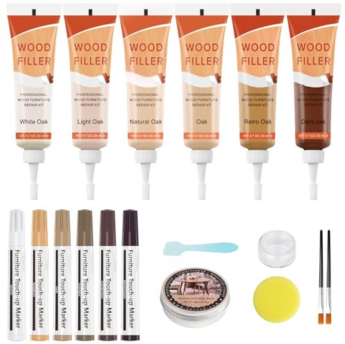 DEWEL 6 Colori di Pennarello per Legno,6 Colori di Stucco per Legno e 25g di Olio di Cera per Legno,Kit Riparazione Mobili in Legno per Crepe, Buchi e Graffi (18 Pezzi)