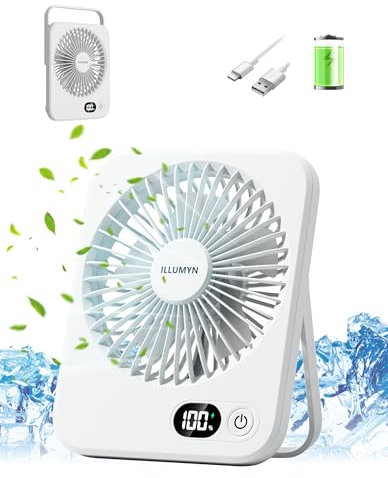 ILLUMYN Ventilateur de Table, Série Été - Ultra Silencieux, Puissant Flux d'Air pour Bureau et Maison. Portable et Pliable pour Voyage, 5 Vitesses, Batterie Rechargeable 1800mAh, Écran LCD