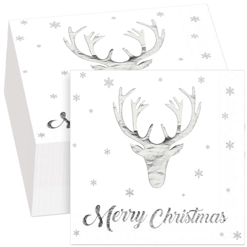 50 Pcs Merry Christmas Silver Foiled Napkins Xmas Serviette, Elk | Christmas Metallic Stag Paper Napkins, Disposable Cocktail Serviette for Christmas Dinner Party Supplies Table Decors Gifts