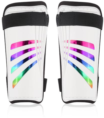 Football Shin Pads | Impact Protection Kids Shin Pads | Non Slip Double Adjustable Straps Soccer Shin Guards Boys Girls | Glitter Rainbow Shin Guards Kids 5-12 years (White)