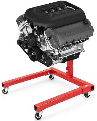 GOPLUS Caballete de Motor de 680 kg de Capacidad, con Cabezal Giratorio de 360 Grados, 4 Brazos Ajustables, 4 Ruedas y Mango Antideslizante, Elevador de Motor para Garajes y Talleres, Color Rojo