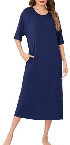 Wikoan Chemise de Nuit Femme Manches Courtes Chemise de Nuit Longue Doux Robe de Nuit Ete Chemises Nuit Femme Grande Taille avec Poches Bleu Marine L