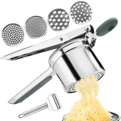 Miawtro Potato Ricer, Stainless Steel Mash Potato Masher with 4 Mesh Strainer and Paring Knife, Potato Mashers with Easy Cleaning and Dishwasher Safe for Vegetable Puree, Fruit Puree, Lemon Juice