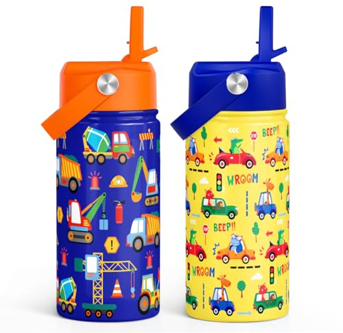 SANDJEST Kid Water Bottle 12oz with Straw Lid - 2-Pack Insulated Stainless Steel Water Bottles for Kids Boys Girls - Travel Cup for School Sports, Construction & Transportation