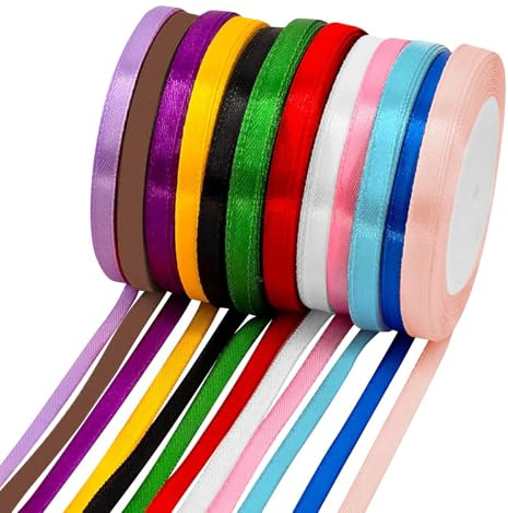 12 Pack Multicolor Satin Ribbons, 6mm X 22m Thin Ribbon for Crafting, Hair Ribbons, Thick Ribbon Set, Silk Satin for Hair, Coloured Fabric Satins for Sewing, Gift Wrapping, Bows,Wedding
