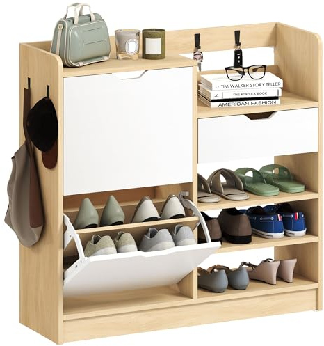 HOMCOM Schmales Schuhregal mit 2 Türen, Eingangshalle Schuhregal mit verstellbaren Fächern, Schublade, offene Fächer, 4 Haken, für 14 Paar Schuhe, 93x30x90 cm, Natur und Weiß, Natur und Weiß