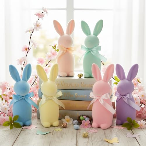 Lanpn Set de 6 Conejos de Pascua Flocados en Colores Macaron con Lazo, Figuras de Conejo para Mesa, Estantería y Hogar – Decoración de Primavera