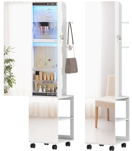HOMCOM Espejo Joyero con Luces LED de 3 Colores de Pie 360° Blanco y Beige