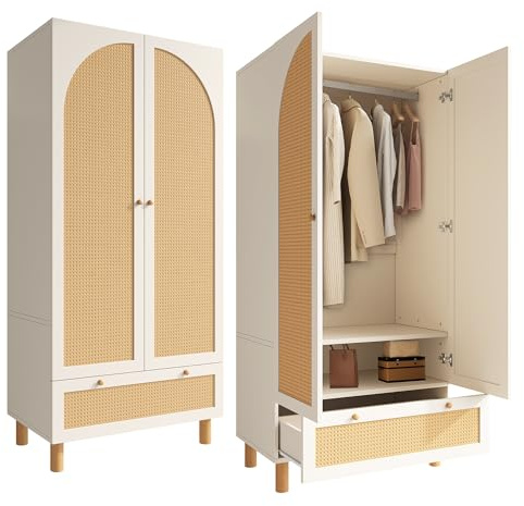 phosir Armoire de style maison de campagne avec rotin, 180 cm, avec 2 portes, grand tiroir, étagères réglables en hauteur et tringle à vêtements, pour chambre à coucher et chambre d'enfant, blanche