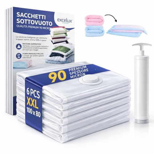 Excelux Sacchi Sottovuoto Piumoni Matrimoniali XXL 100x80 cm 90 Micron – Set 6 Buste Salvaspazio Grandi con Pompa – Sacchetti Resistenti per Piumoni, Coperte, Vestiti Invernali, Armadio e Trasloco
