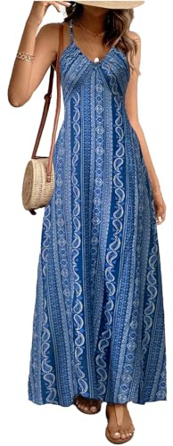 JENJON Femme Robe Style Ethnique sans Manches Col en V Eté Bohème Plage Robes Elégante Longue Décontractée Taille Haute Ourlet Robe à Fourche