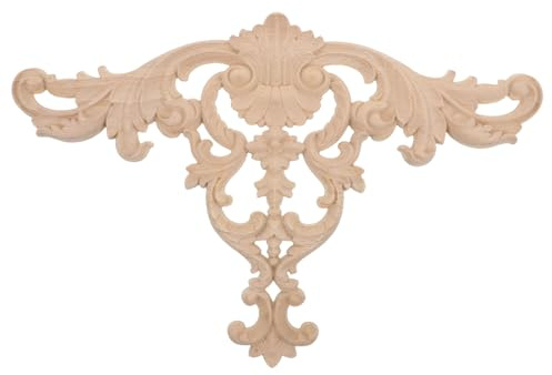 WRITWAA Applique Murale en Bois Massif Sculpté Non Peint 36x20 Cm – Ornement Vintage pour Décoration Intérieure, Panneau Sculpté Décoratif, Applique de Meubles Style Marqueterie