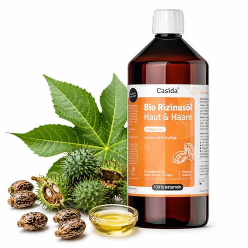 Casida Aceite de ricino orgánico 1000 ml – 100% puro, natural, prensado en frío en calidad orgánica, para pestañas más densas, cejas, cabello, barba y uñas fuertes – crecimiento del cabello y brillo
