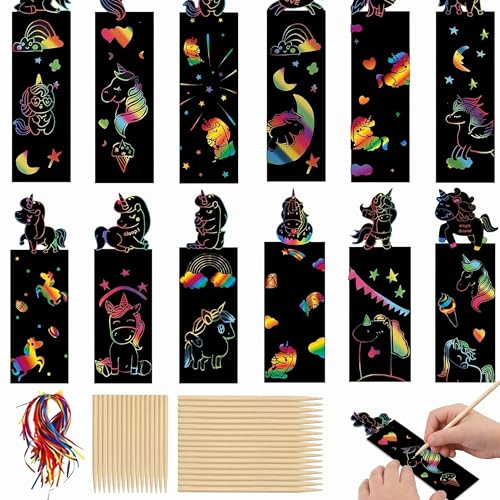 12 Pièces Marque-page Licorne Carte à Gratter Enfant, Papier Magique Arc-en-Ciel pour Dessin et Loisirs Créatifs, Kit Scratch Art avec Rubans et Stylets, Cadeau Anniversaire Fille et Garçon