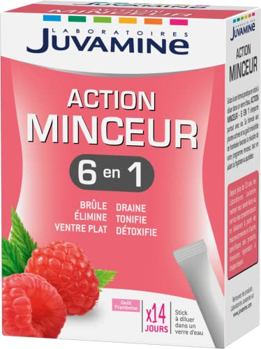 JUVAMINE - Action Minceur 6 en 1 - Brule, Draine, Elimine, Détoxifie, Tonifie, Favorise le Ventre Plat - Programme Minceur - 14 Sticks - Arôme Framboise - 46.50 g - Fabriqué en France