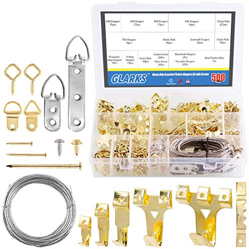 Glarks 500 piezas 10 lb a 75 lb Kit para colgar cuadros, Heavy Duty Picture Hanger Frame Hook Hardware con clavos, ganchos, tornillo Eyes, D Ring y Sawtooth Hanger para marco de montaje en pared