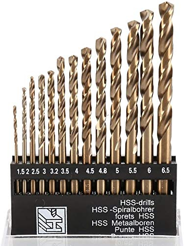 KAHEIGN 13 Pièces Jeu De Forets Hélicoïdaux HSS, Acier Au Cobalt Métrique M35 Revêtement en Titane Foret 1,5mm à 6,5 mm Foret Extrêmement Résistant à La Chaleur avec Tige Droite