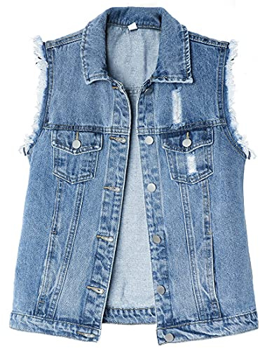 ebossy Women's Candy Color Slim Fit Sleeveless Distressed Denim Jean Vest Jacket (X-Large, Z-Blue)