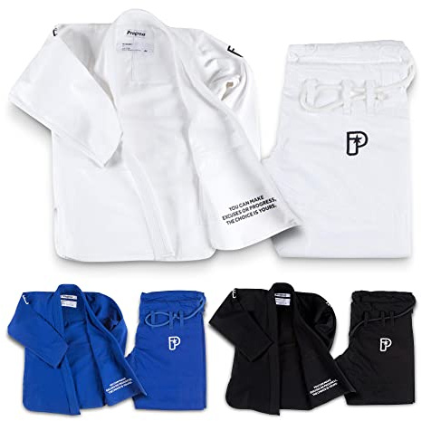 Progress Jiu Jitsu Kids Academy Gi | BJJ Gi for Kids with Free White Belt | Lightweight Kids Kimono | Tear-Resistant Kids BJJ Gi | Youth Jiu Jitsu Gi for Training & Competition | White - M0