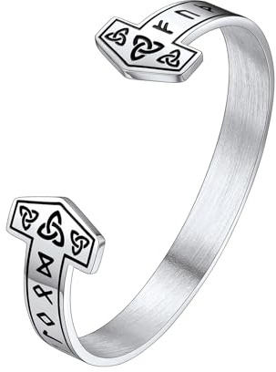 FaithHeart Silver Bracelet Viking Jewellery Stainless Steel Nordic Hammer Cuff Bracelet Silver Bangle for Him