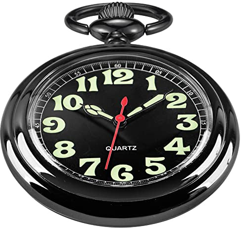 Tiong Black Shiny Arabic Numeral Men's Quartz Pocket Watch, Pocket Watches Gift Quartz Movement for Men with Chain-Black