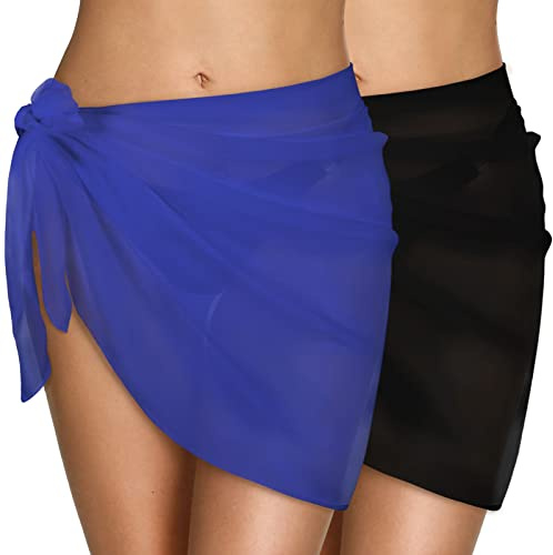 Xnova Pareo Mare Donna Elegante Copricostume Corto, Prendisole Chiffon Spiaggia Wrap Sarong Coprire Caftano, Gonna Avvolgenti Costume da Bagno Bikini Cover Up(Confezione da 2 - Nero, Blu)