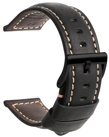 TStrap Cinturino Pelle Orologio 22mm - Nero Cuoio Vintage Elegante Cinturini Uomo - Flessibile Spessore Militari Bracciale di Ricambio Fibbia per Smartwatch - 20mm 22mm 24mm