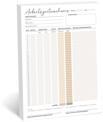 BIROYAL Zeiterfassung, Arbeitszeitnachweis Block A4, monatliche Stundenzettel für 31 Tage pro Blatt, Stundenbuch für Arbeit, vorgedruckte Arbeitszeiterfassung für Kleinbetriebe, Stundennachweis, bunt