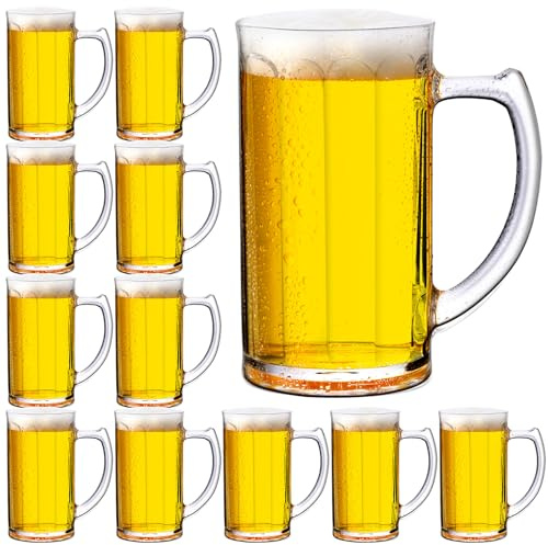 Domensi 12 Pcs 12 oz Small Plastic Beer Mugs with Handles Small Clear Plastic Steins Glasses with Handle Reusable Beer Festival Supplies Classic Mugs for Bar Party Barbecue Wedding