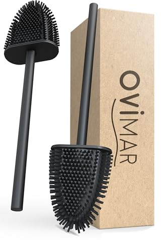 ovimar Ersatzbürste Abeloya | Set 2 Stiele und 2 Bürstenköpfe | schwarz | Griff aus Edelstahl | Klobürste mit Silikon Bürstenkopf | Toilettenbürste Flache WC Bürste