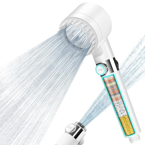 MEKO High Pressure Filter Shower Head for Hard Water UK,1.5m Hose,3+1 Modes | Power handheld Shower Head with One-touch Water Stop,Massage Brush,15 Stage Shower Filter for Residual Chlorine Removal,White
