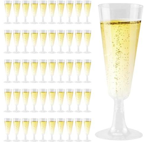 VicBou 50 Pezzi Flute da Champagne in Plastica, 160ml Bicchierini per Champagne Calici da Vino Riutilizzabili Calice Trasparente Tazze di Plastica per Feste, Matrimoni, Natale, Capodann