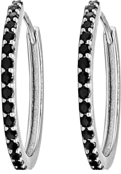 Par de Pendientes de Aro Negro con strass de cristal en plata de ley 925 rodiada - Colección Hoops, 16mm, Plata de ley, Circonia cúbica