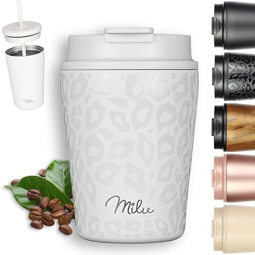 Milu Thermobecher 300ml - 100% Auslaufsicher - Edelstahl Kaffeebecher to go isoliert mit Strohhalm hält 10h heiß / 20h kalt, BPA-frei (White Leopard, 300ml)