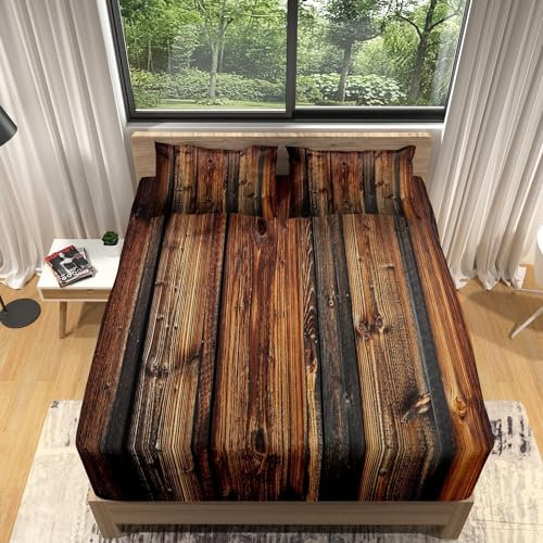 TACOKI 3D Retro Spannbettlaken 70x140cm, Schäbige Braune Holzbretter Weiches Mikrofaser Bettlaken für Kinder, Bettlaken Spannbetttuch 70x140 bis 30 cm Matratzenhöhe mit 2 kissenbezüge c3011