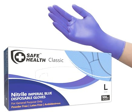 Safe Health Gants jetables en Nitrile Taille L grande Bleu Impérial, Boîte de 100 gants, Sans poudre Sans latex Hypoallergéniques, Bricolage Cuisine Nettoyage Vaisselle Labo, 3 Mil