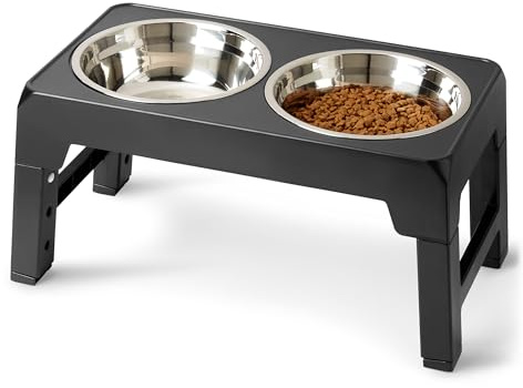 Amazon Basics Support de gamelles surélevé pour Chiens, Bol surélevé réglable en Hauteur en Acier Inoxydable, antidérapant, Station d'alimentation pour Animaux de Compagnie, 44 x 24 x 30,5 cm, Noir