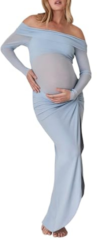 Caziffer Robe de Maternité à Manches Longues Robe Grossesse Élégante à Couleur Unie Robe Photo Simple Moulante pour Femme