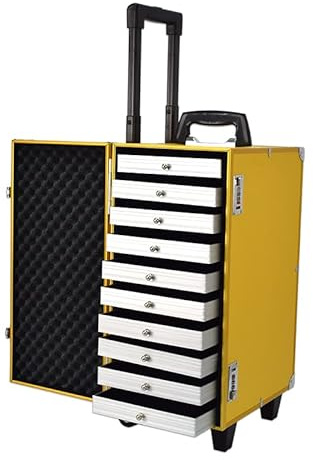 Maletín con ruedas para joyas con 10 bandejas extraíbles, cerraduras de código y ruedas, color amarillo para juegos de joyas