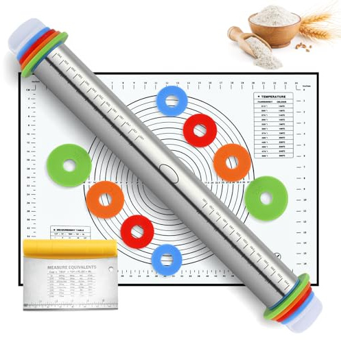 Hunnycook Nudelholz 3er-Set, 1 Teigroller, 1 Silikon Backmatte und ein Teigspachtel, Einstellbare Dicke Edelstahl Nudelholz in 4 Größen für Pizza Kekse Pfannkuchen Pasta Backen Utensilien