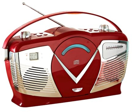3 PAGEN® Retro Stereo-Anlage Boombox – tragbarer CD-Player mit Radiofunktion – Netz- und Batteriebetrieb möglich – ideal für Unterwegs & Zuhause – USB-Anschlüsse – Tragegriff in Lederoptik - rot