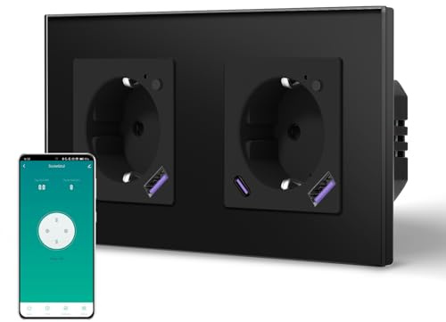 BSEED Zigbee Steckdose 20W USB C Schnellladen, Smart Unterputz Steckdose aus Glas mit Strommessung, Arbeit mit Alexa/Google Home, Smart Life APP-Steuerung, 2 Fach, Schwarz