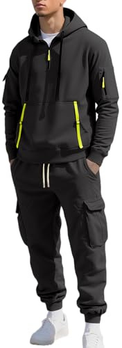 Generico Tute da Jogging Uomo con Cappuccio Due Pezzi Sportivi Set Felpa e Pantaloni Cargo da Lavoro Completo Abbigliamento Sportivo