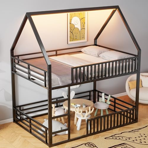 PUGSDRLY Lit Mezzanine 140x200cm, Forme cabane, avec barreaux décoratifs, Cadre de lit avec LED intégré et Structure en métal (Black)