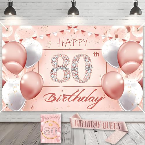 Striscione Buon Compleanno 80° Compleanno Decorazioni Set per Donna con Fascia, Biglietti di Auguri, Gadget per Festa 80 Anni, Birthday Party Decor Kit