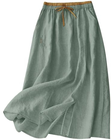 Jupe en Coton Et Lin Femme, Mi-Longue ÉTé Taille Haute Casual Légère et Respirante Rétro A-Line DéContractéE Ceinture Taille éLastique Bohême Ample Couleur Unie D'été Jupe Midi de Vacances Plage