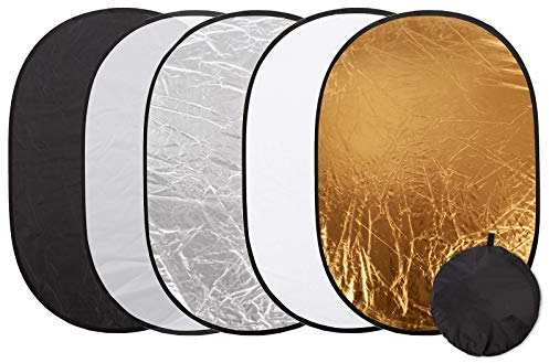 5-in-1 Collapsible Light Reflector 90x120cm Studio Photography Portable Oval Diffuser Light Reflector with Carrying Case, Multi Disc Translucent, Silver, Gold, White and Black