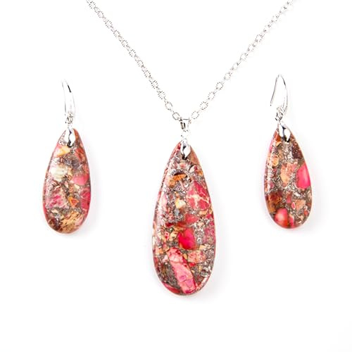 xinpeng Teardrop Sea Sediment Imperial Jasper Natural Stone Gemstone Necklace Pendant & Drop Dangle Hook Earrings Jewelry Set For Women (Pink Color Sea Sediment Imperial Jasper)