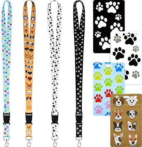 4 Kits Lanière d'Impression Patte de Chien Lanière Sangle de Cou à Motif de Chien avec Porte-Badge, Lanière de Cou avec Rupture Sécurité et Clip Métallique pour Clés, Carte d'Identité